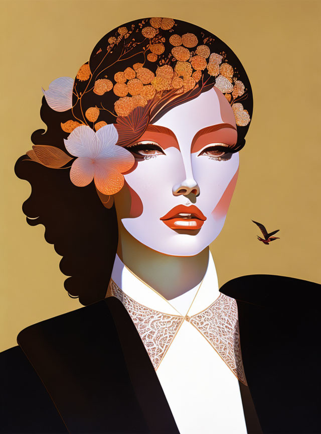 Stylized woman portrait with floral hair motif and bird, black suit with lace collar