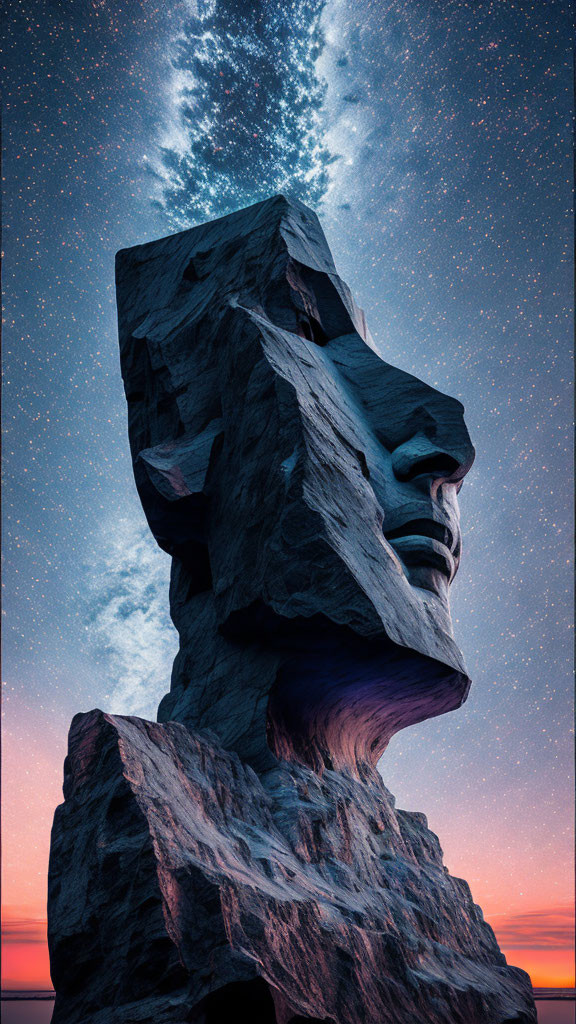 Rock formation shaped like human face under starry night sky and sunset horizon.