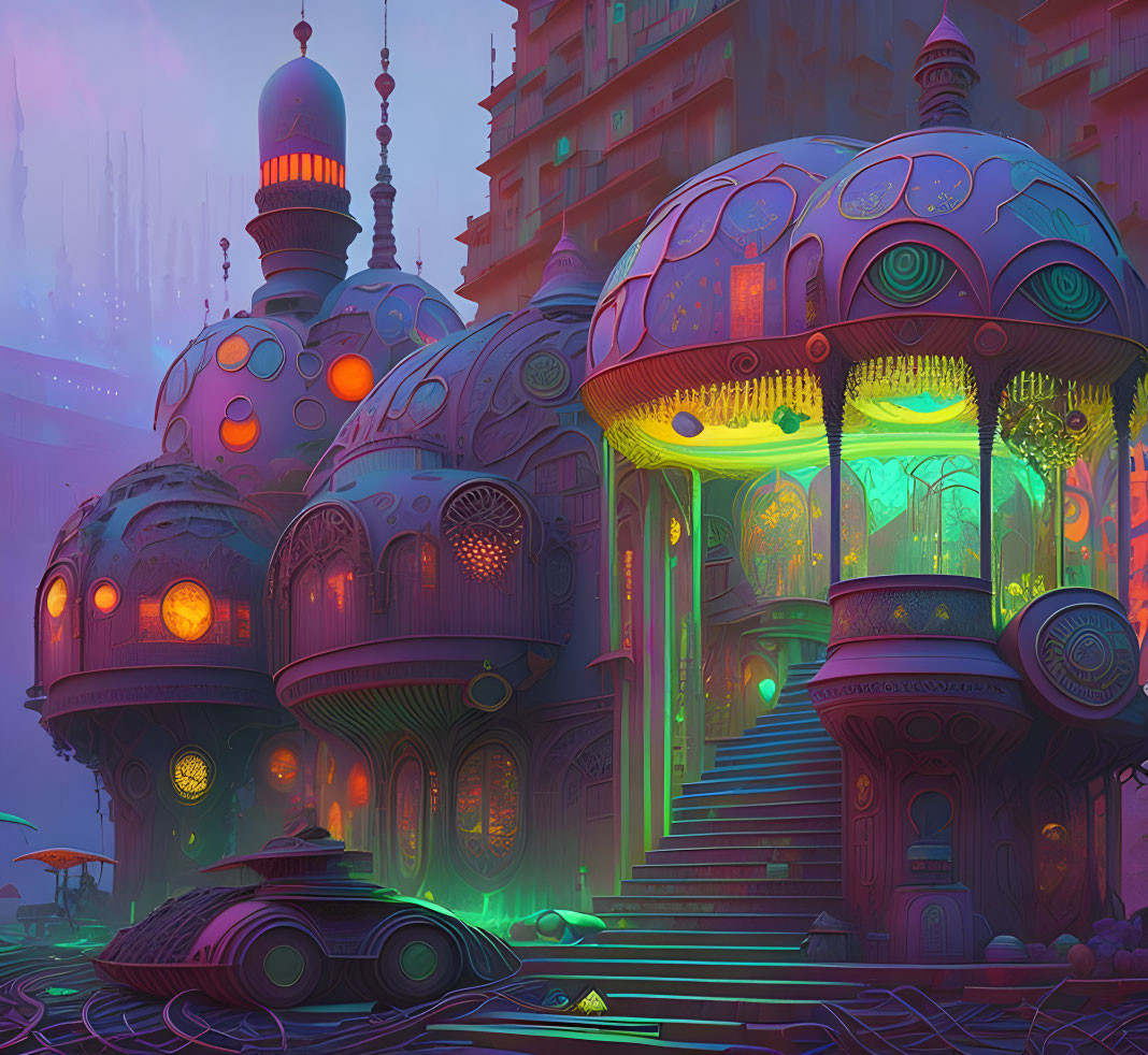 Futuristic cityscape with neon-lit domed buildings at dusk