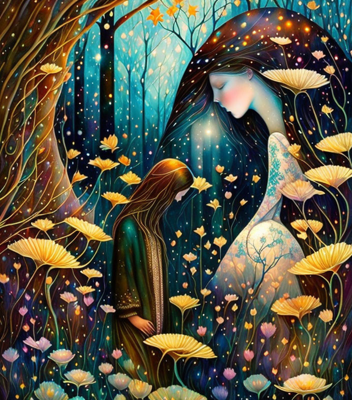 Fantasy painting of person with flowing hair in starlit forest with glowing flowers and mushrooms, facing spectral