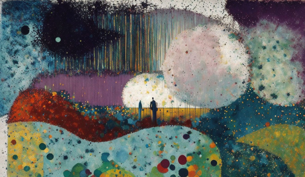 Colorful Abstract Painting: Silhouetted Figures in Cosmic Scene