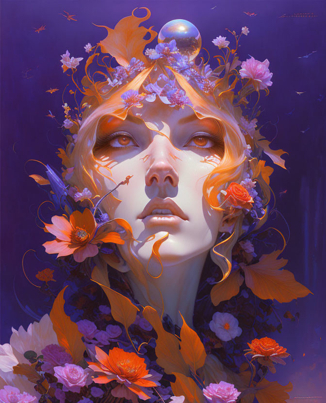 Fantasy portrait of woman with golden eyes and pearl amidst vibrant flowers