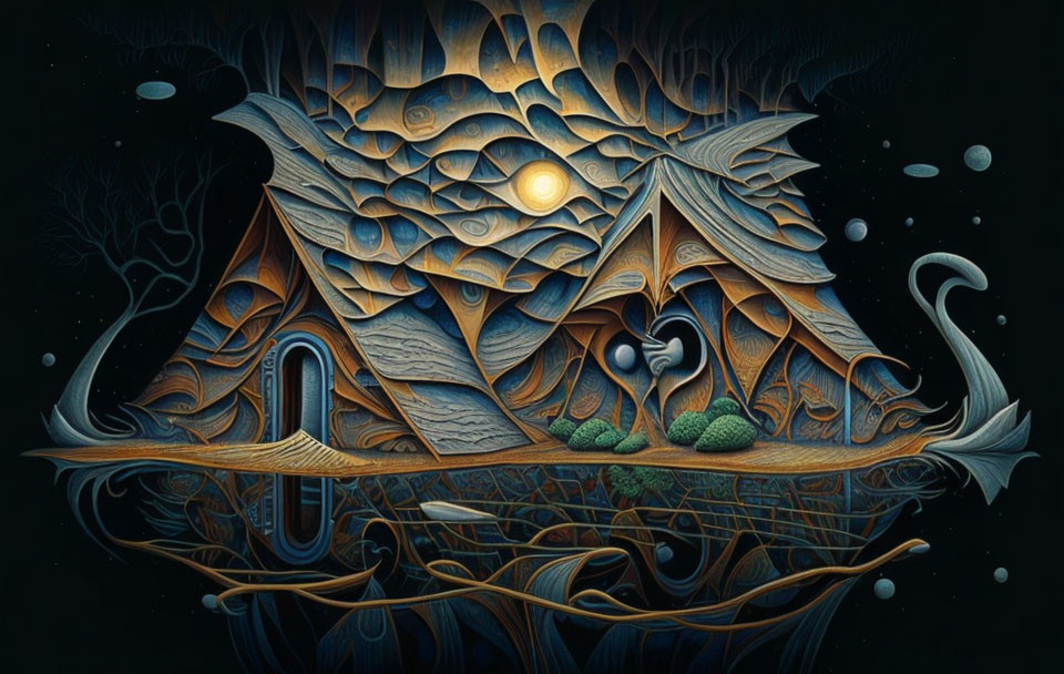 Illustration of Wooden House by Water with Trees and Moon