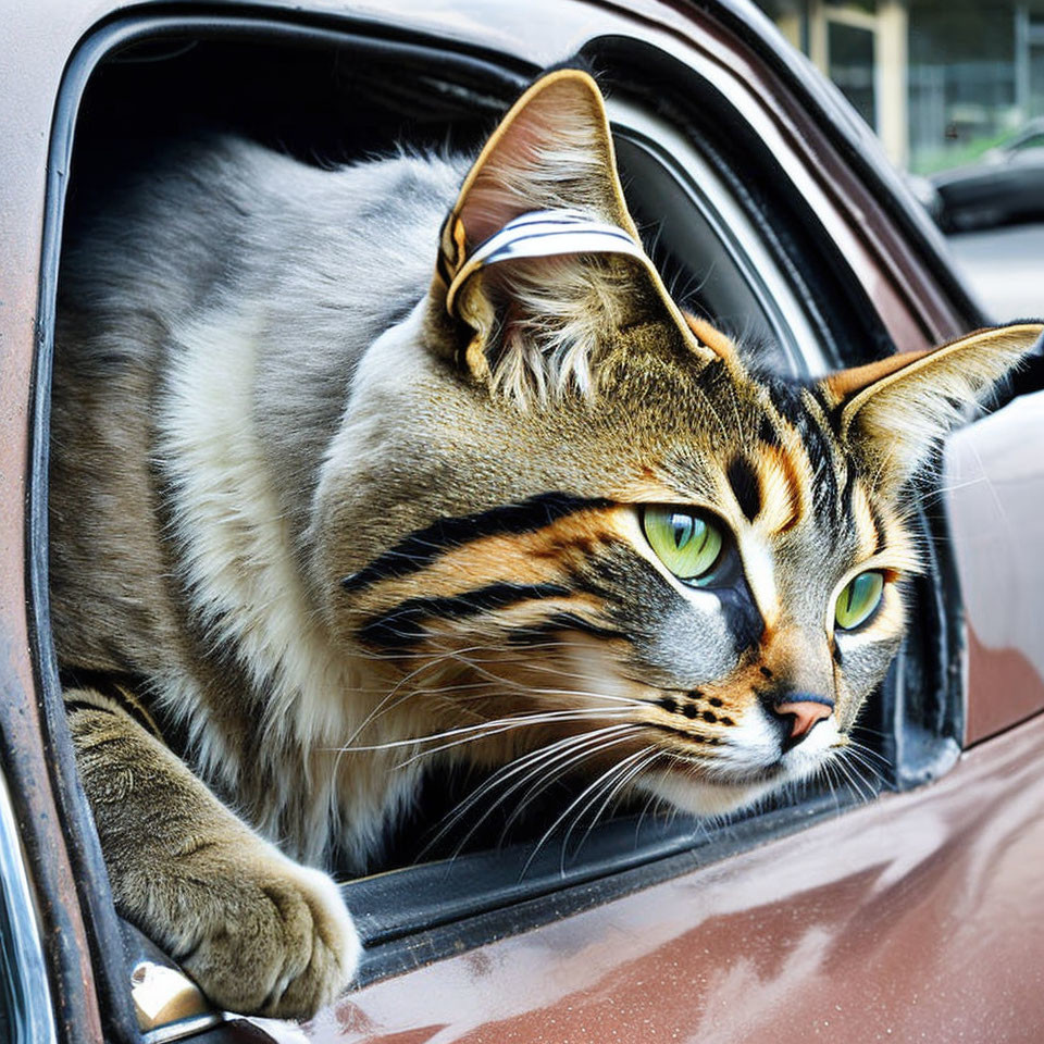Tabby Cat with Striking Green Eyes Peering from Car Window