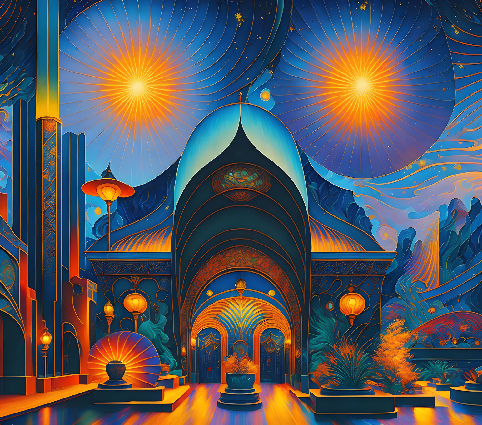 Colorful surreal artwork: fantastical structure, glowing orbs, swirling patterns
