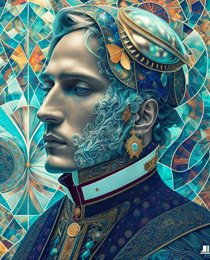 Ornately illustrated man with intricate blue geometric designs