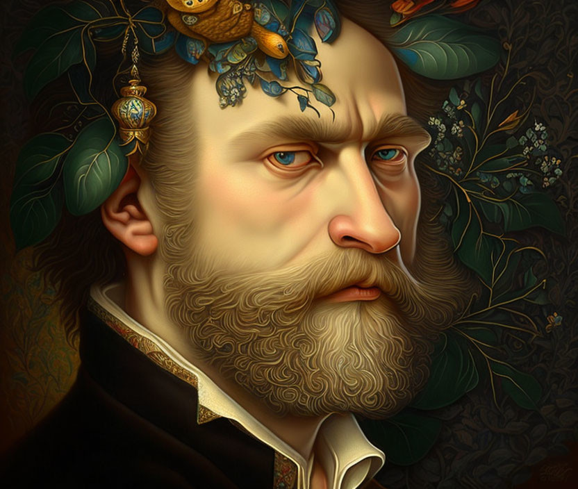 Detailed portrait of stern man with ornate clothing and leaf headpiece