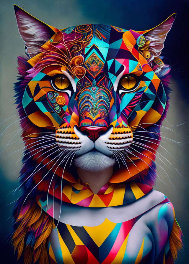 Colorful Tiger Artwork with Geometric Patterns