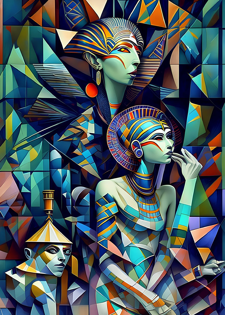 Colorful geometric digital art: Ancient Egyptian royalty figures in abstract mosaic.