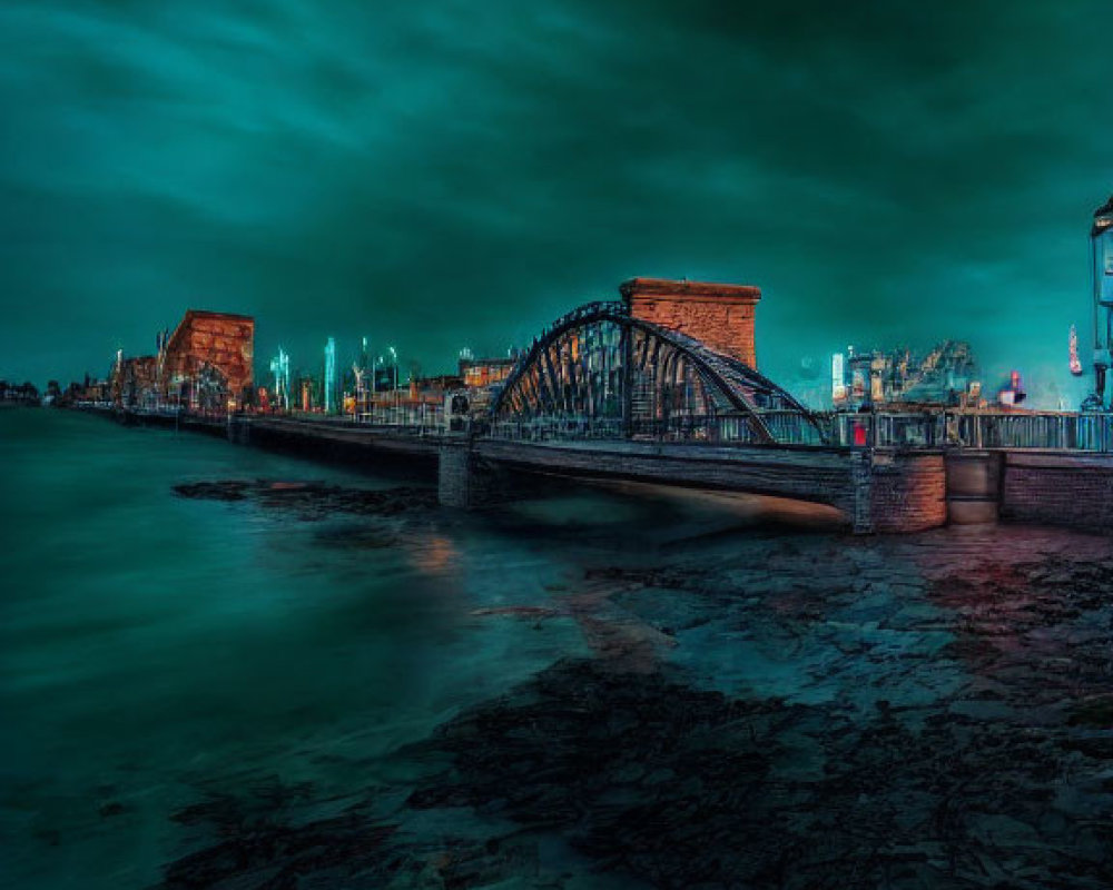 Night cityscape with illuminated bridge over water under teal sky