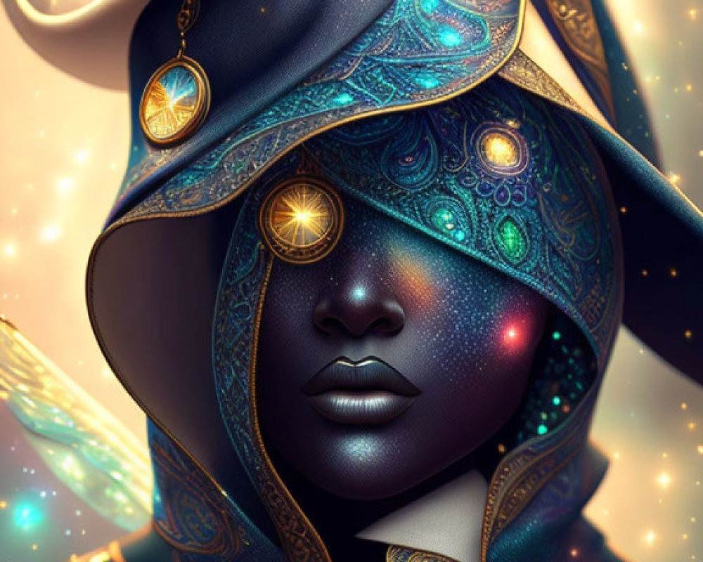 Mystical figure with celestial ornaments and galaxy cloak in starry background