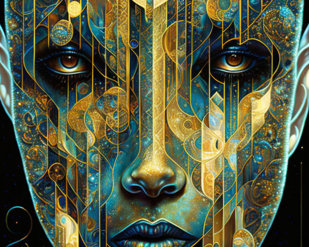Intricate golden patterns on surreal face against cosmic backdrop