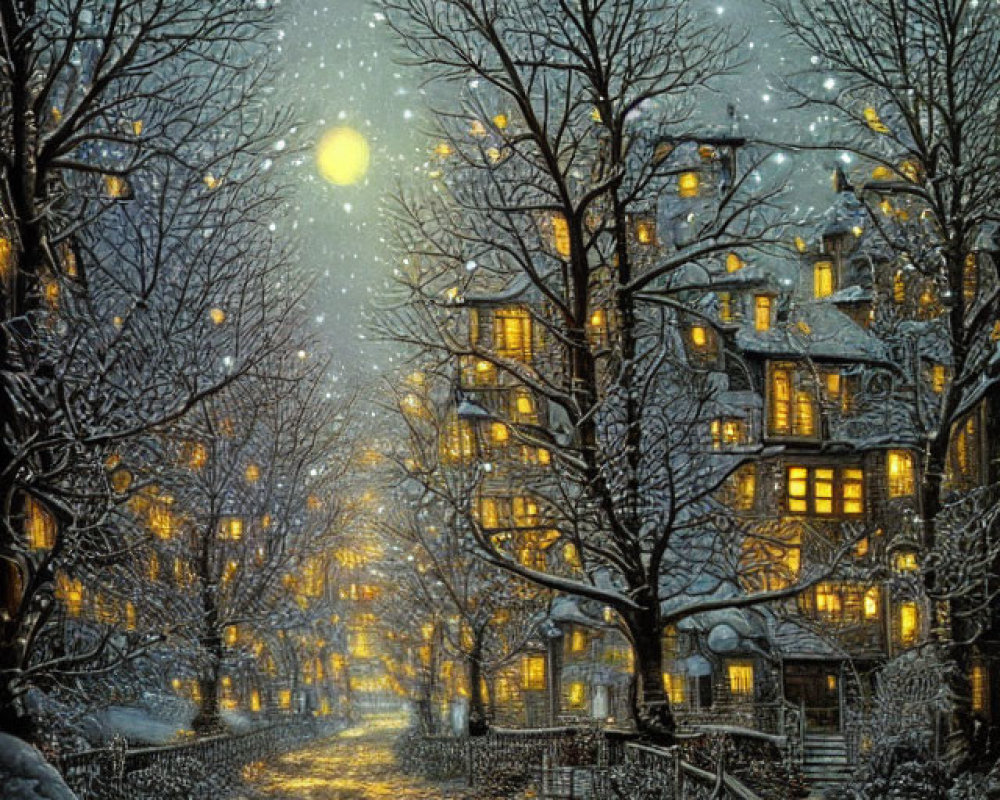 Snow-covered street at night with glowing windows and bare trees.