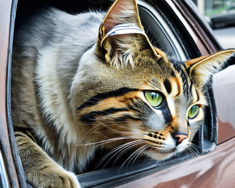 Tabby Cat with Striking Green Eyes Peering from Car Window