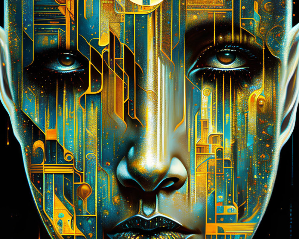 Surreal cybernetic portrait with golden hues and futuristic cityscape elements