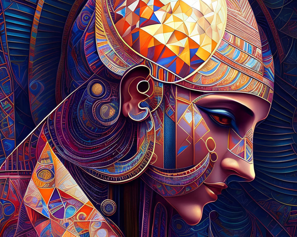 Colorful digital artwork of stylized female figure with geometric patterns and multifaceted helmet against ornate