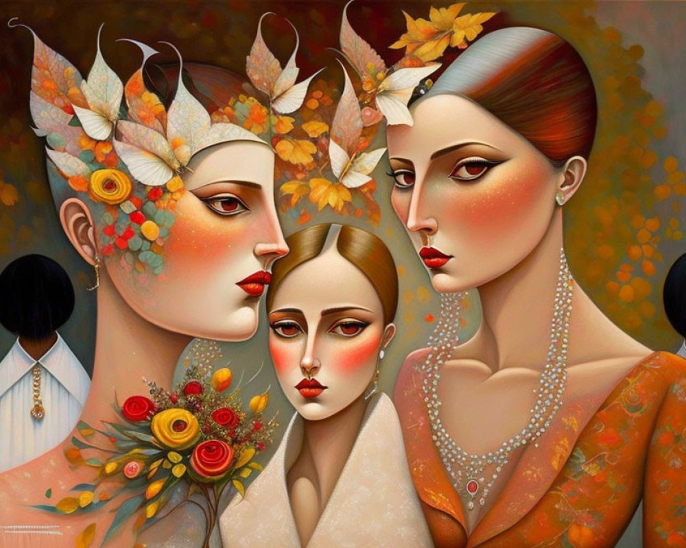 Three Women in Autumn-Themed Makeup and Attire with Leaves and Flowers