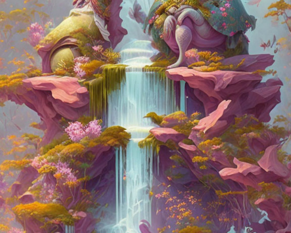 Surreal fantasy landscape: woman on tree, giant owl, vibrant flora