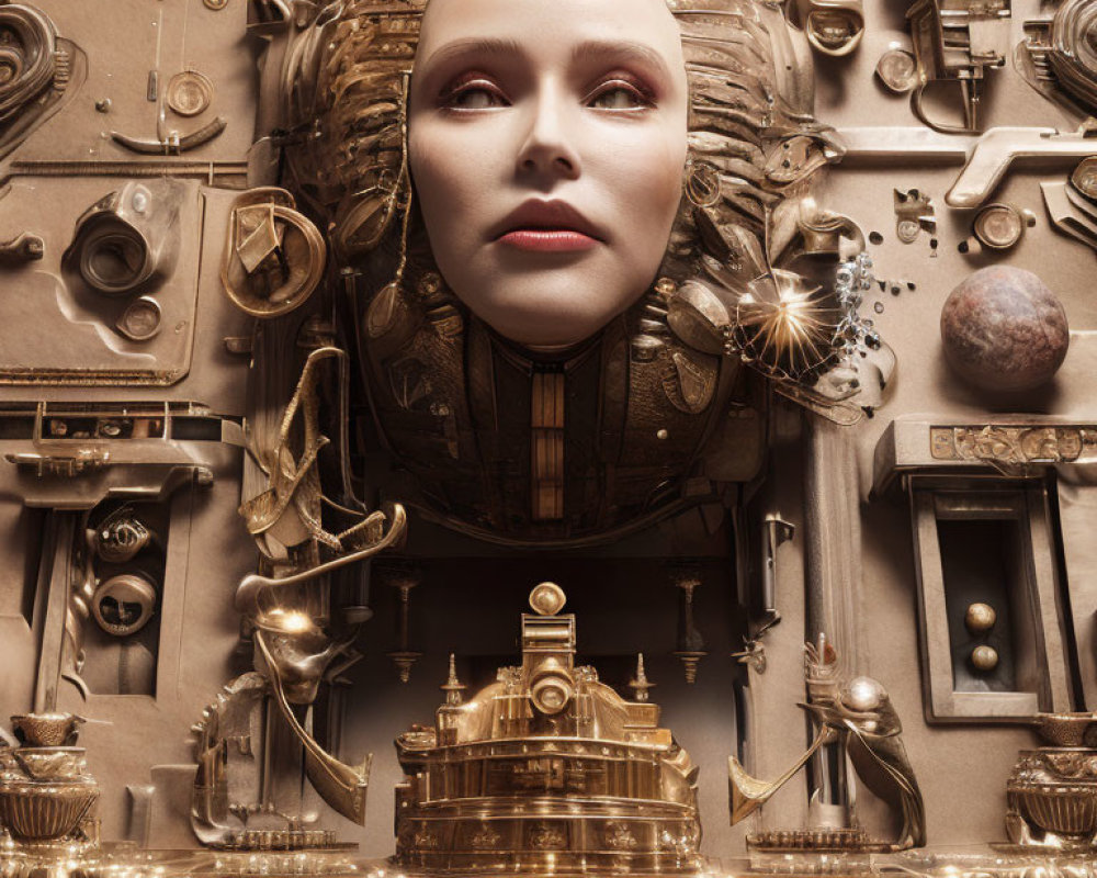 Surreal steampunk portrait with woman's face and mechanical elements