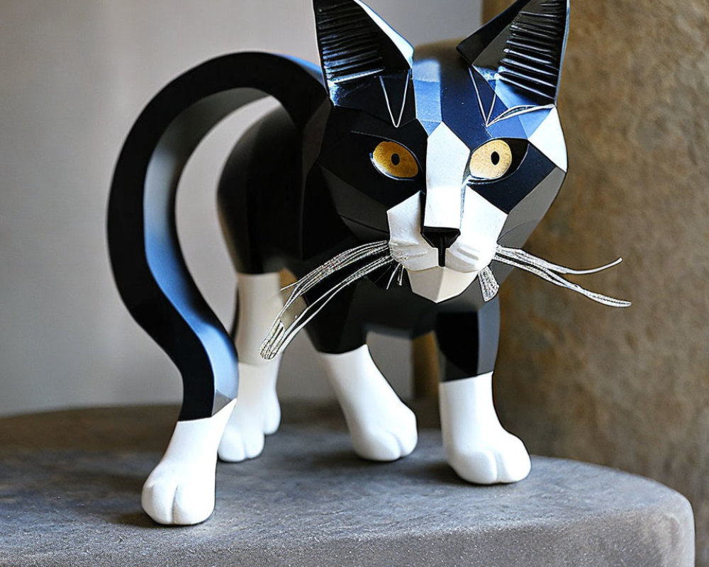 Geometric black and white cat sculpture with blue eyes and silver whiskers on stone ledge