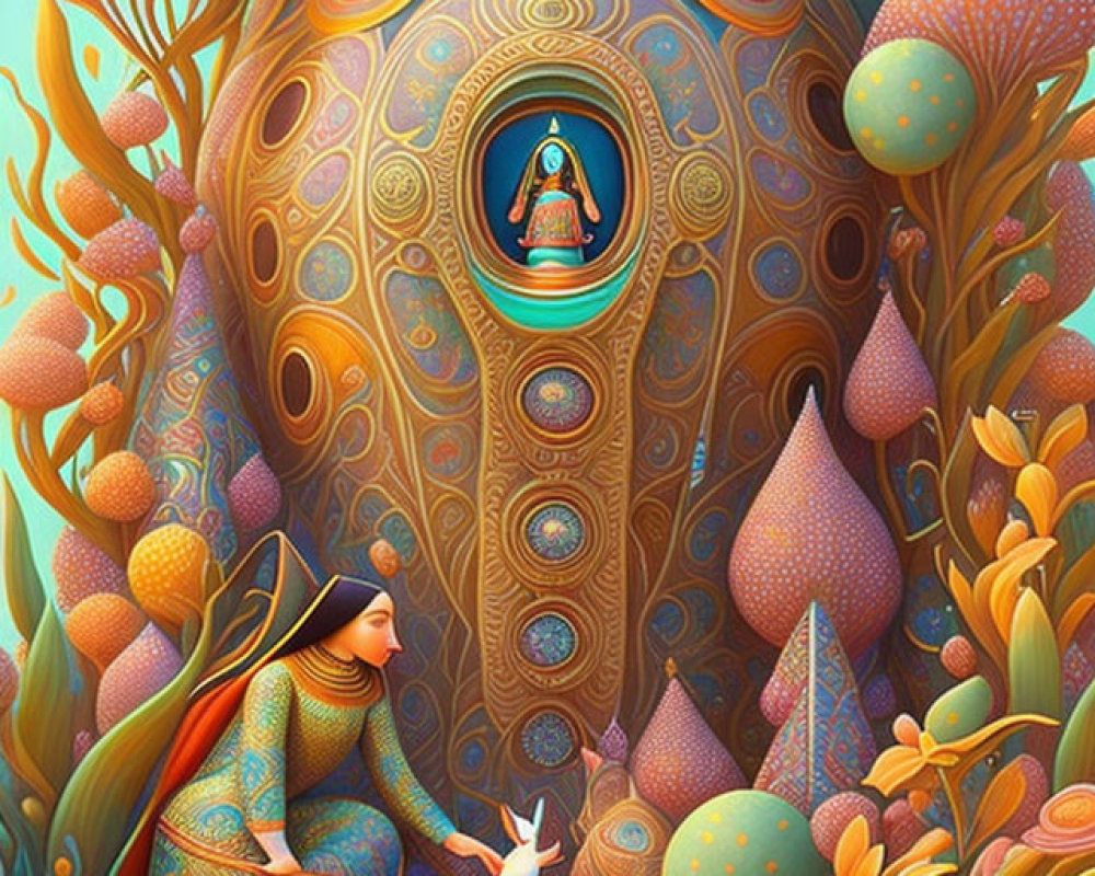 Colorful Woman and Fox in Stylized Forest with Peacock Door