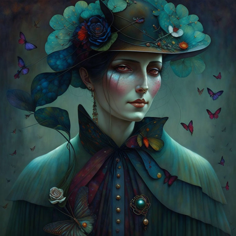 Surreal portrait of woman with floral hat and butterflies on dark background