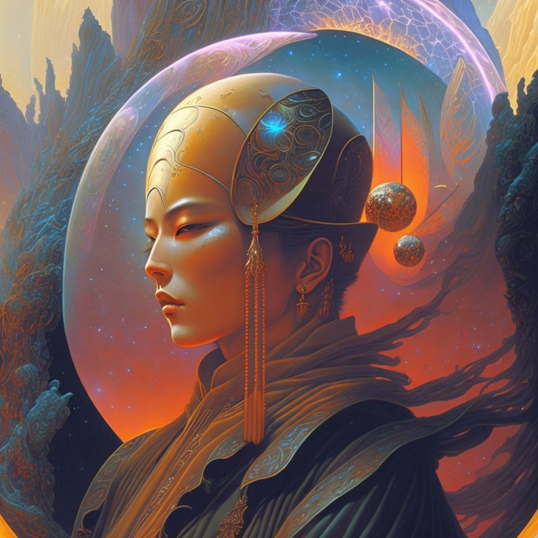 Stylized portrait of a woman with celestial and fantasy elements