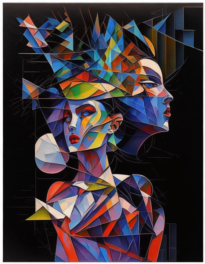 Abstract portrait with geometric shapes and sharp lines on dark background
