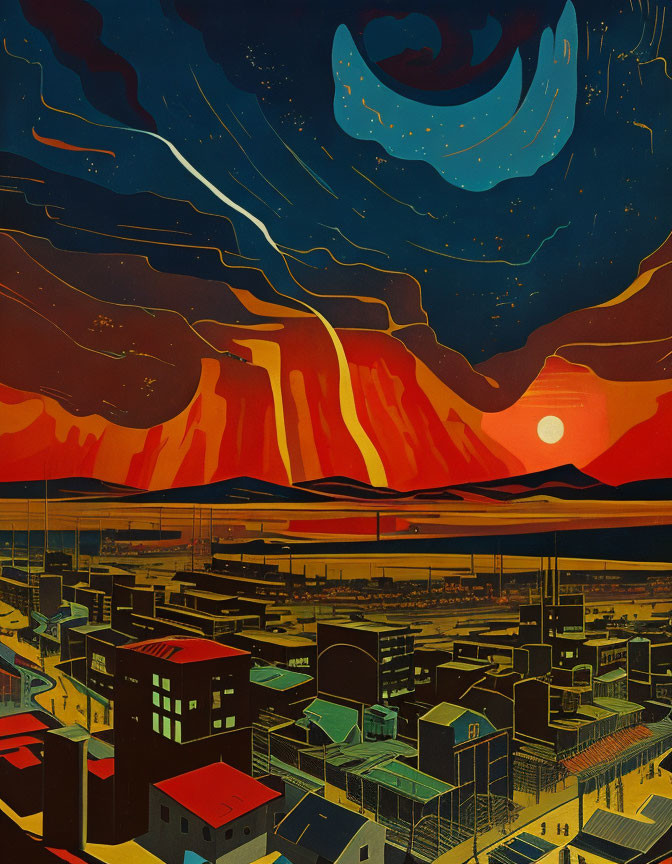Cityscape art print: Stylized dusk scene with red mountains, vibrant sky, swirling clouds.