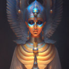 Golden ornate headgear and jewelry on a regal character with winged shoulders and an ethereal