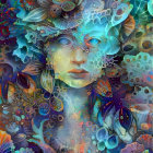 Stylized digital portrait of a woman with intricate blue floral hair on patterned background