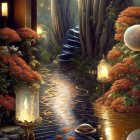 Fantasy artwork with golden staircases, topiaries, lanterns, and starry backdrop