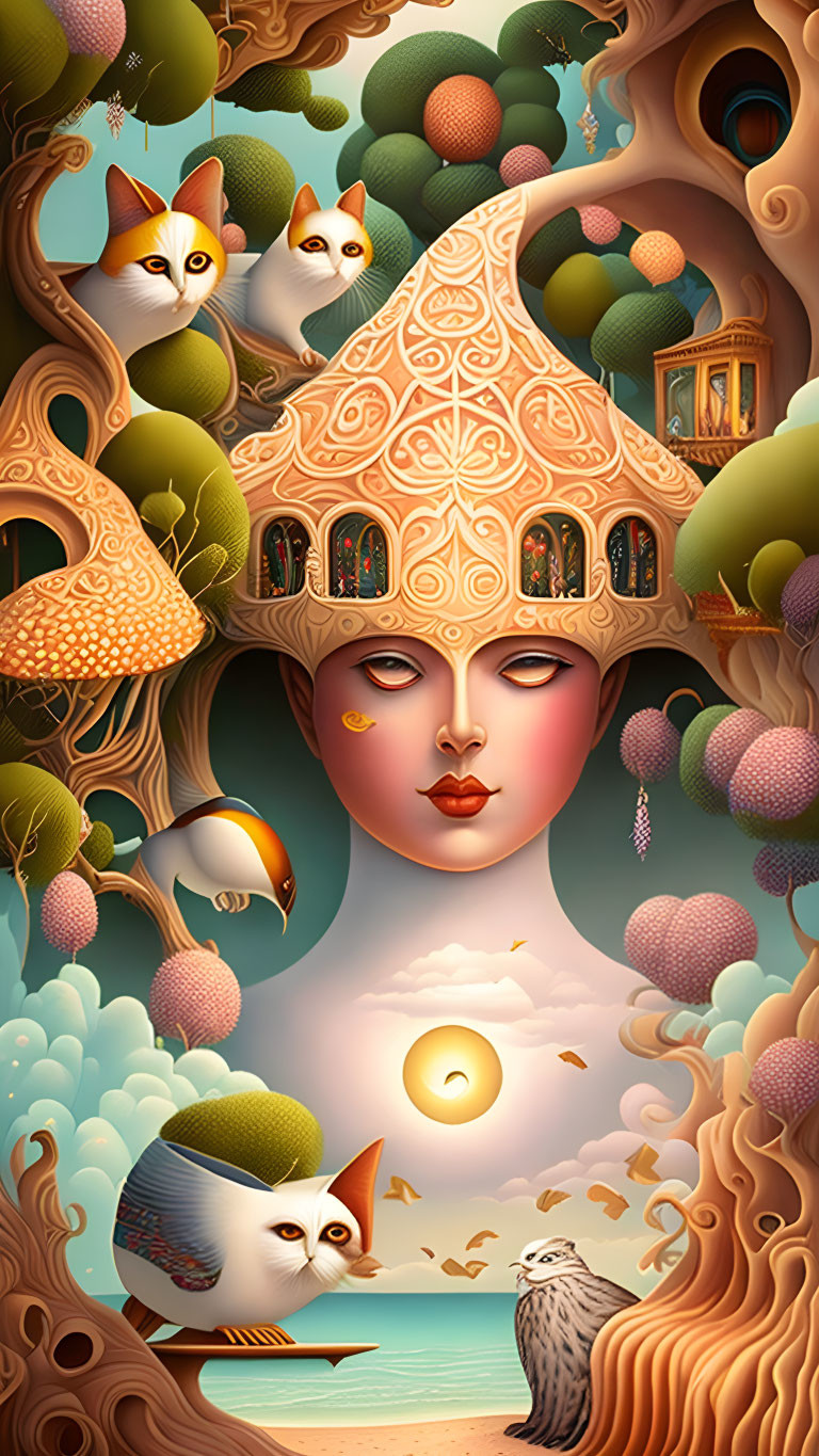 Surreal artwork: woman with mushroom hat in whimsical landscape