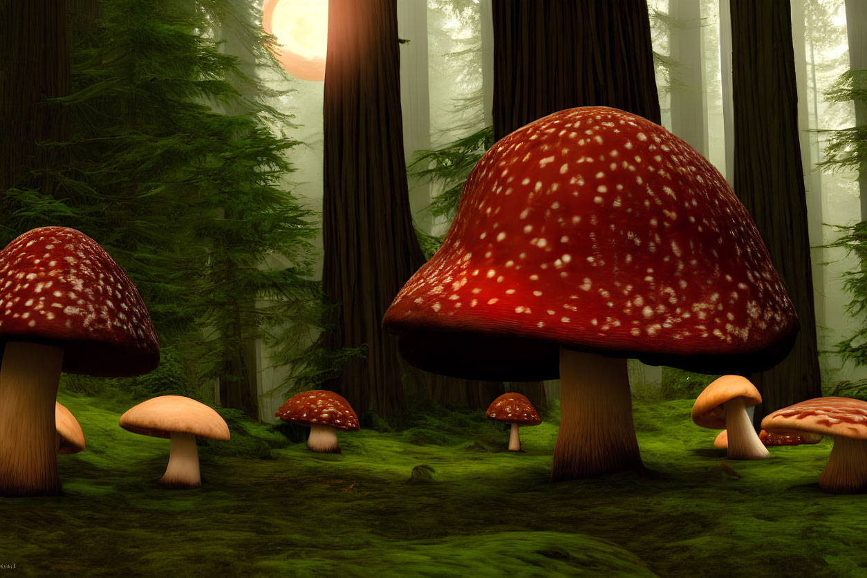 Enchanting forest with oversized red-capped mushrooms and towering trees