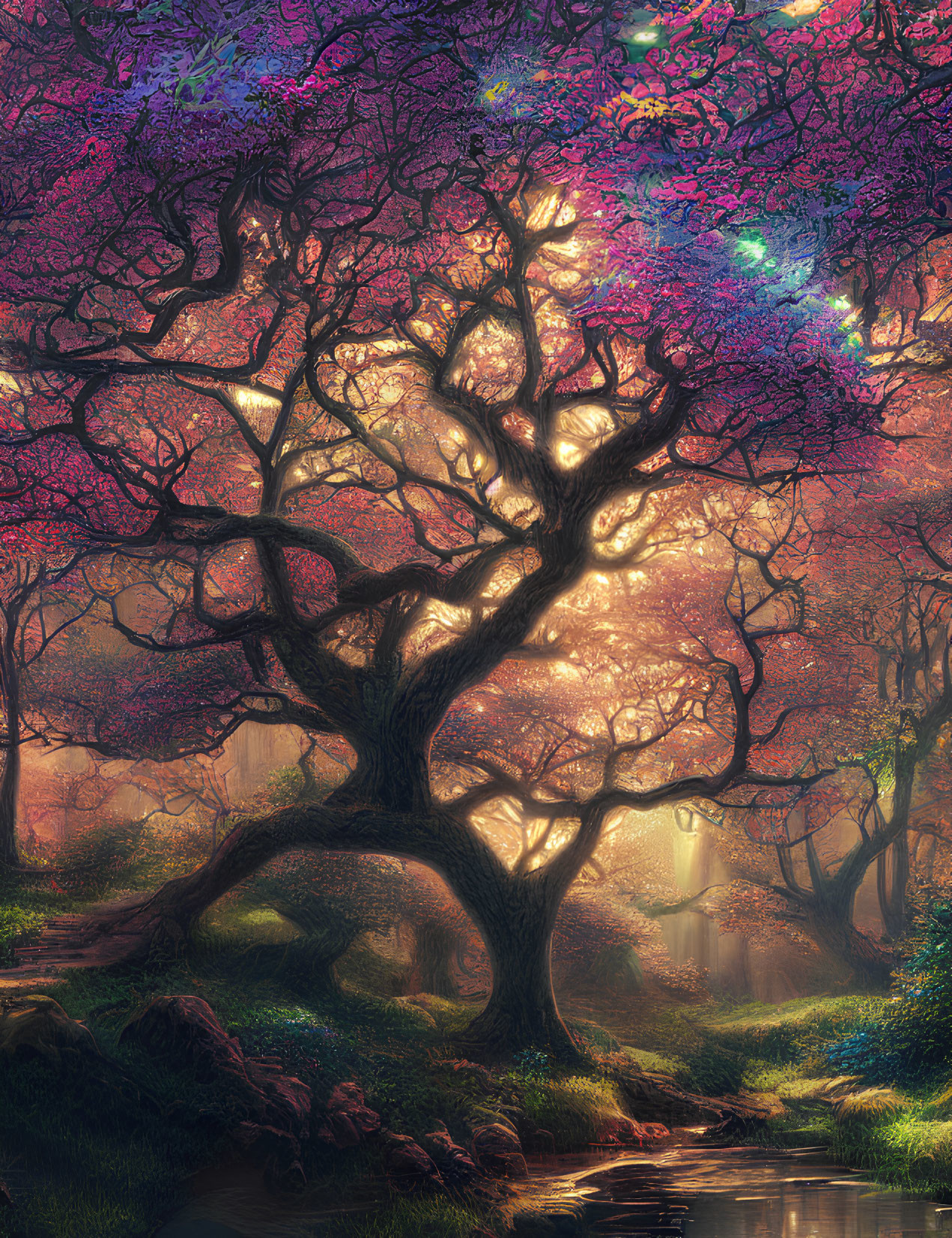 Enchanting forest scene with gnarled tree, pink and purple foliage, and tranquil stream
