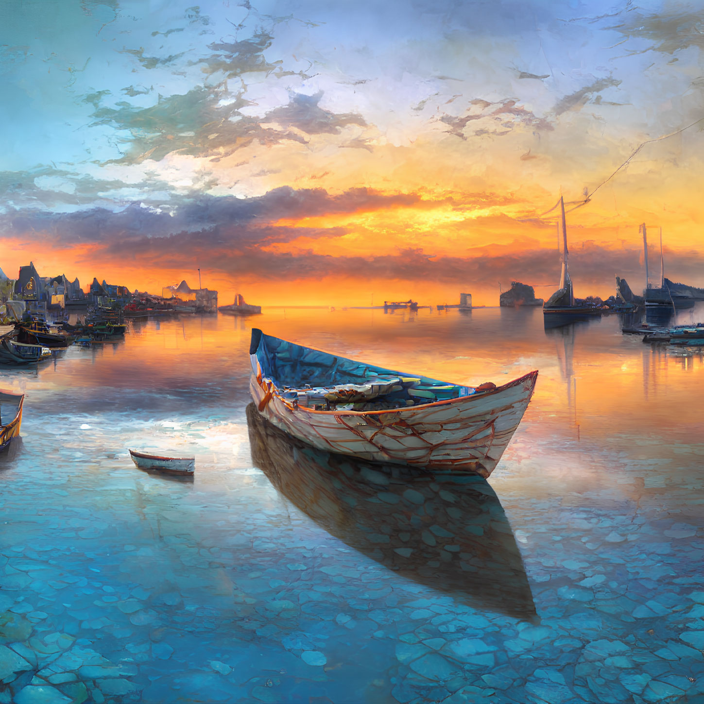 Tranquil sunset harbor scene with rowboat, calm water, ships, and buildings