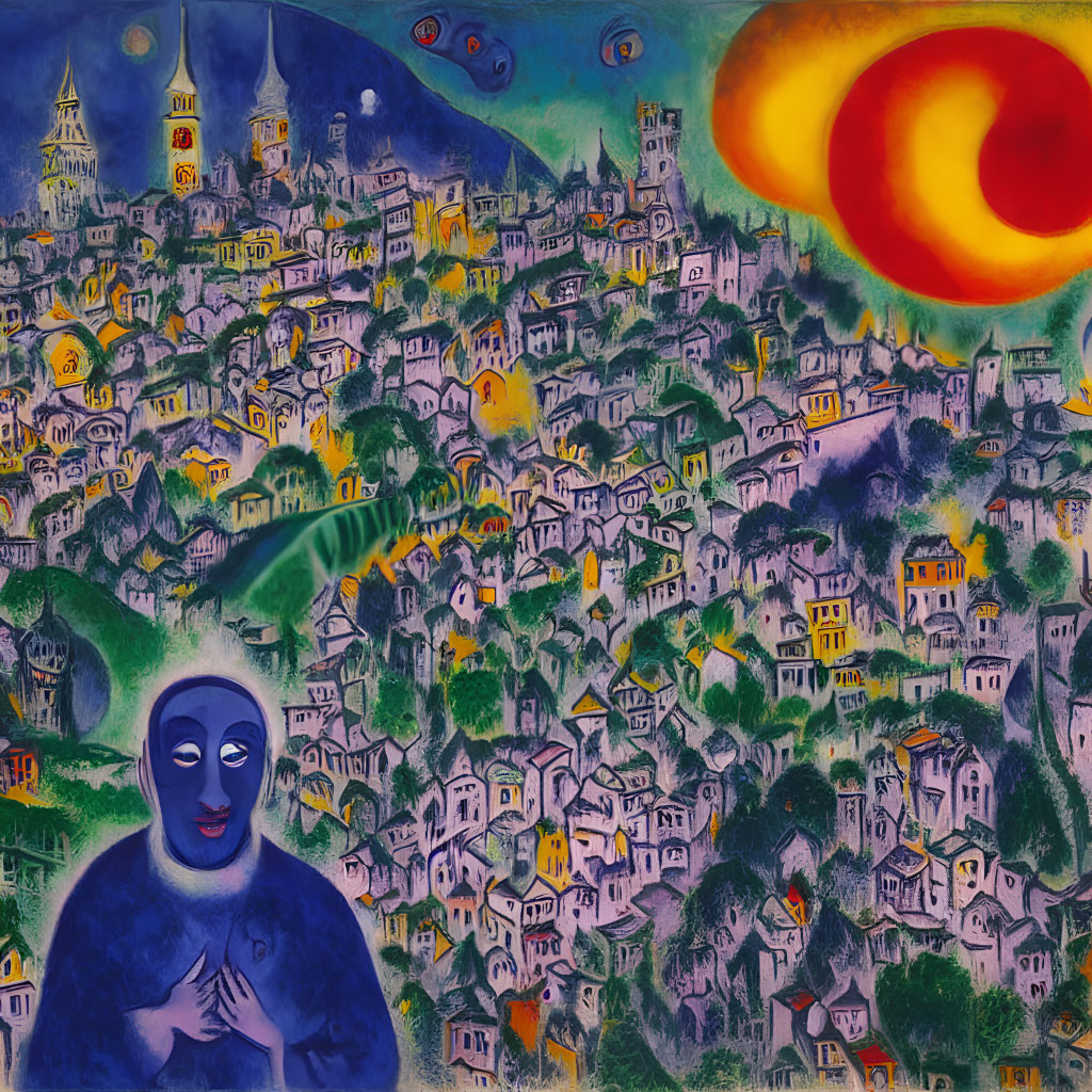 Vibrant expressionistic town painting with swirling patterns, colorful houses, celestial body, and cloaked