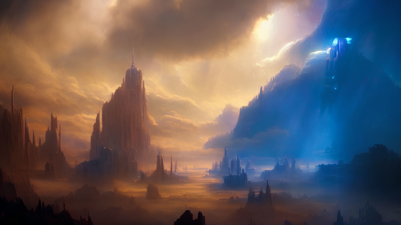 Panoramic sci-fi landscape with towering alien structures in dramatic orange and blue sky