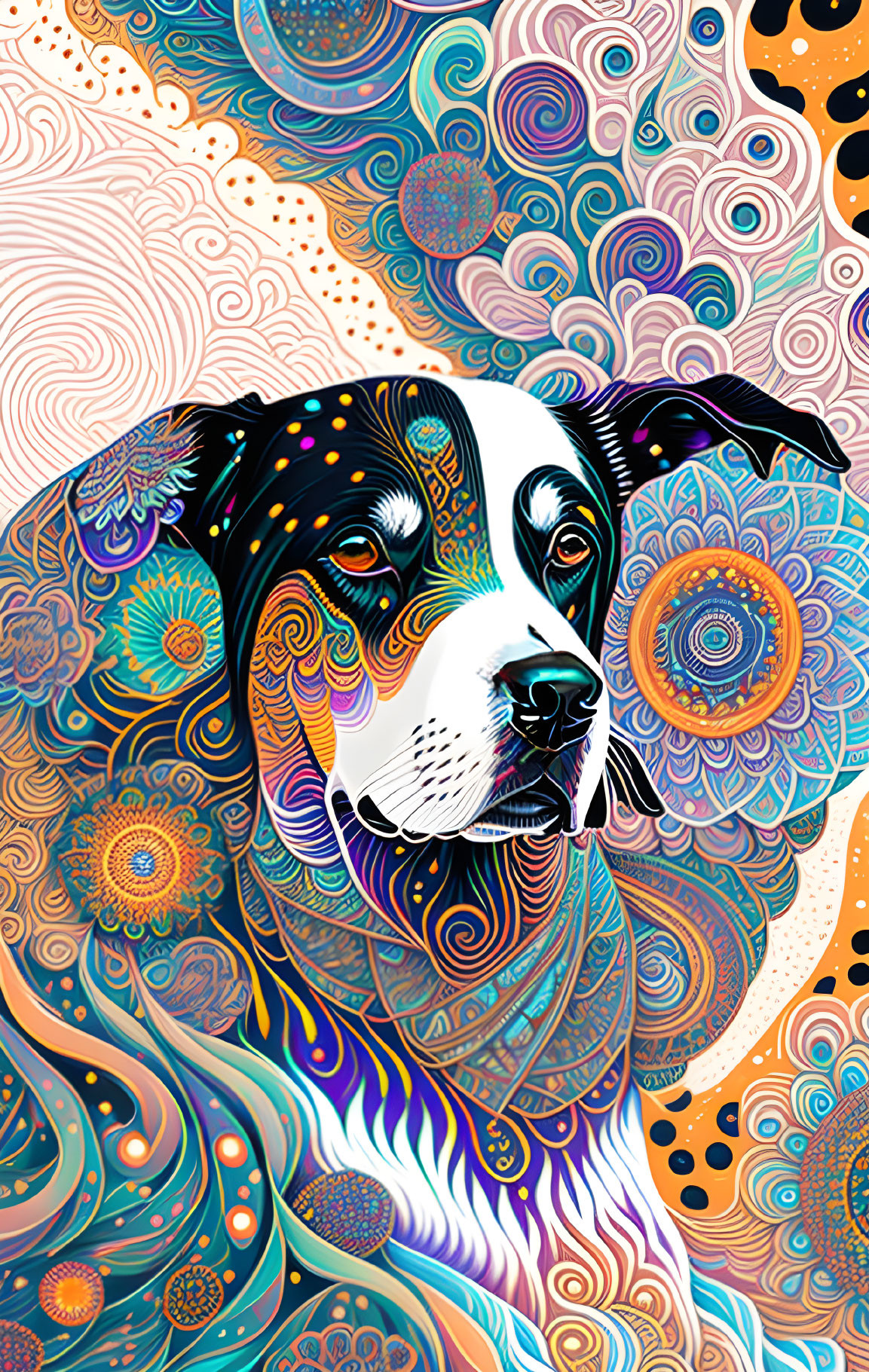 Colorful Psychedelic Dog Illustration with Swirl Patterns