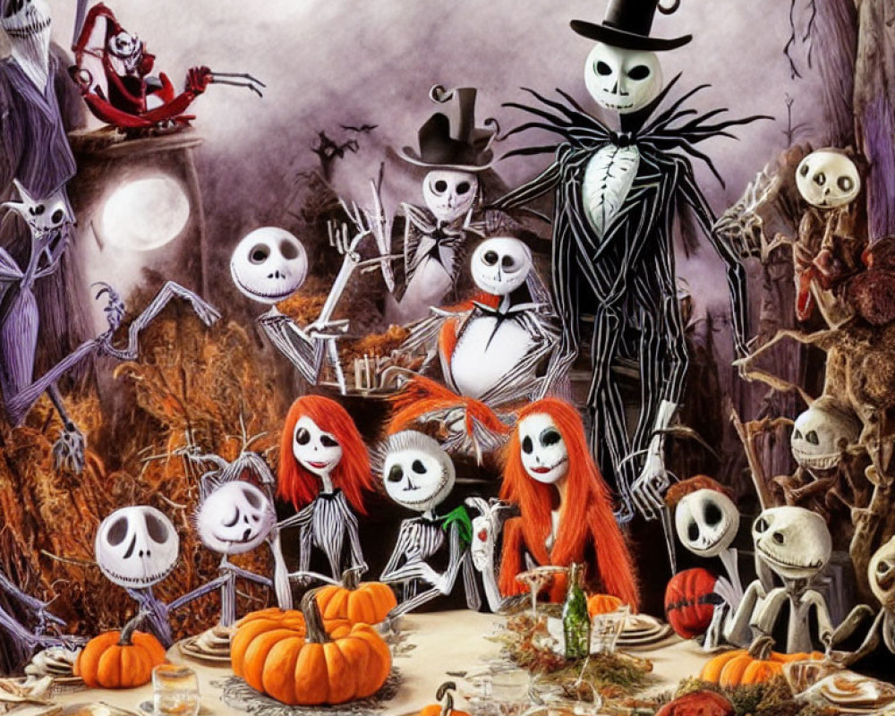 Festive Halloween scene with characters and pumpkins