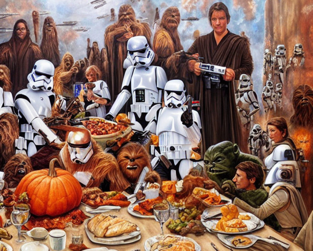 Sci-fi Last Supper parody with Star Wars characters at festive table
