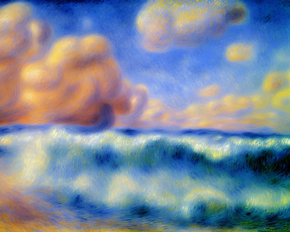 Impressionistic landscape with swirling blue sky and golden clouds