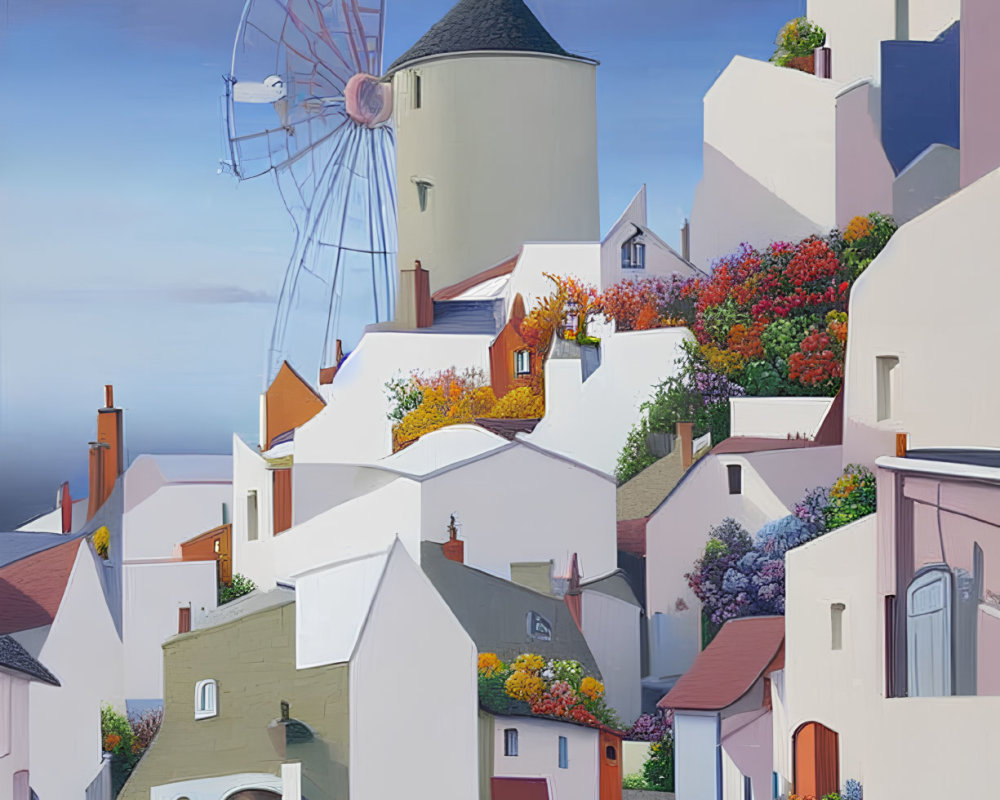 Quaint village painting with white houses, windmill, flowers, and crescent moon