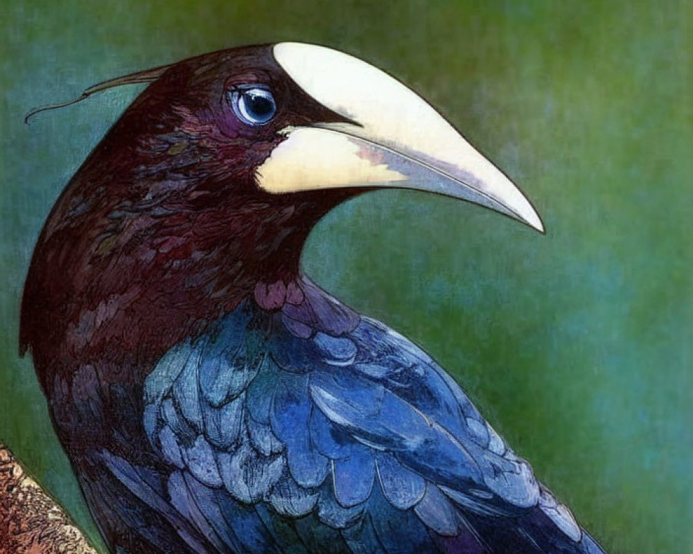 Detailed Illustration of Crow with Dark Plumage and White Beak Perched on Branch