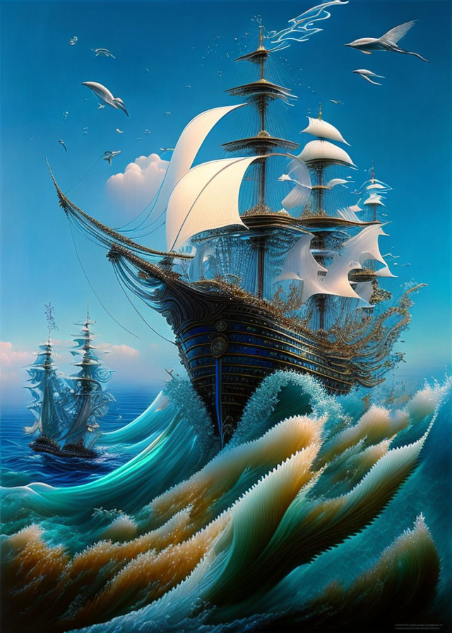 Illustration of majestic sailing ships on turbulent ocean waves under clear blue sky