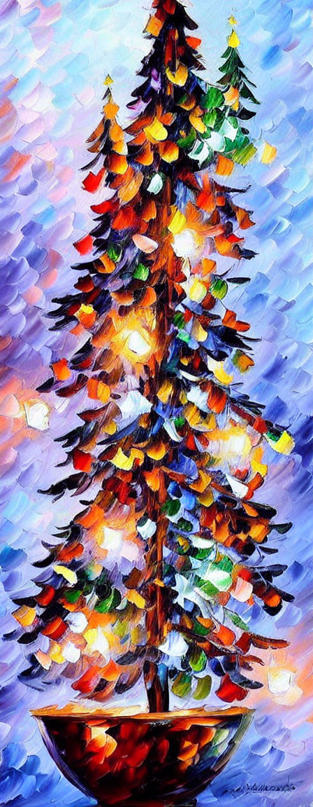 Vibrant impressionistic Christmas tree painting on textured background
