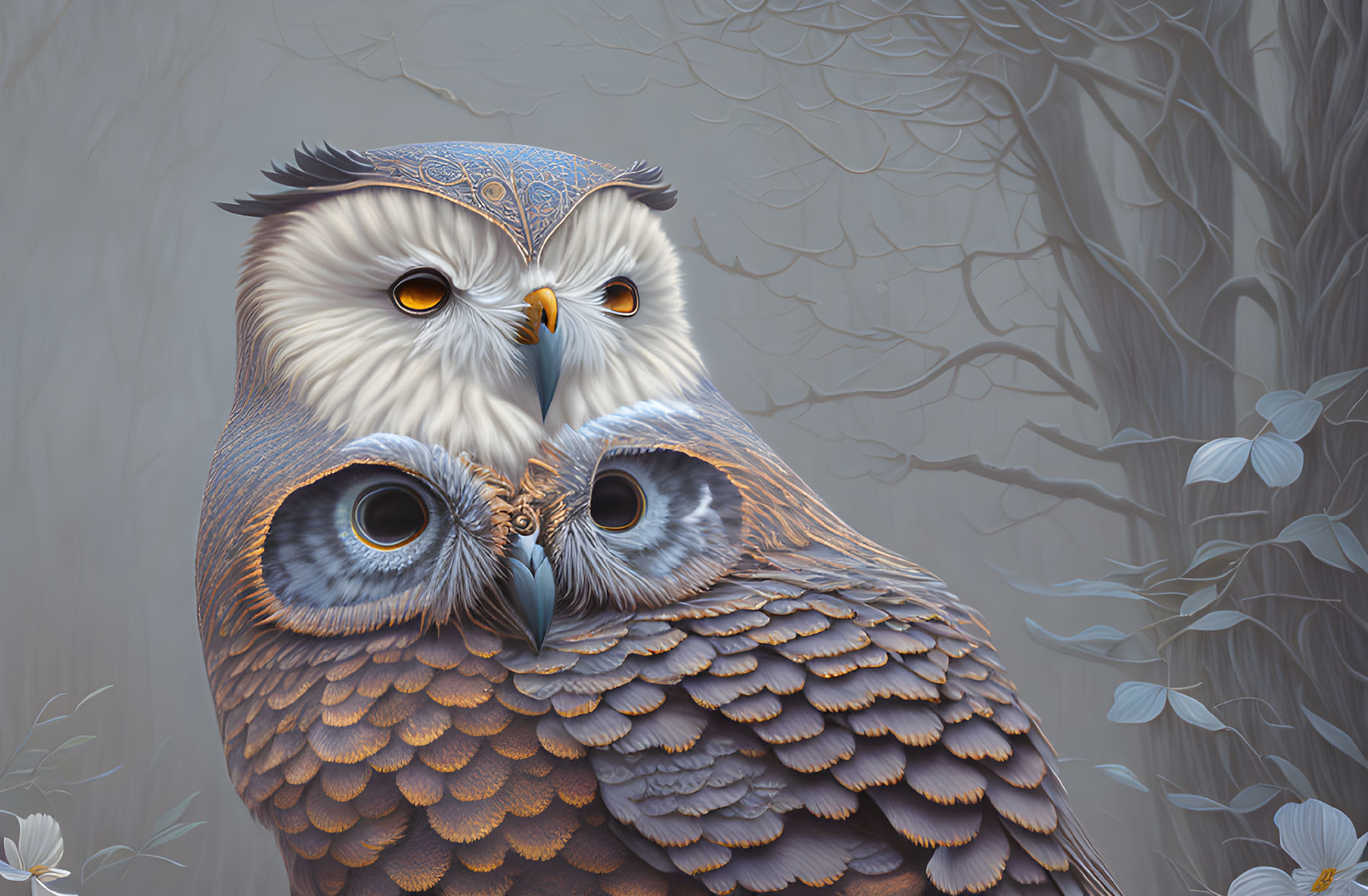 Intricate Owl Illustration with Yellow Eyes in Misty Forest