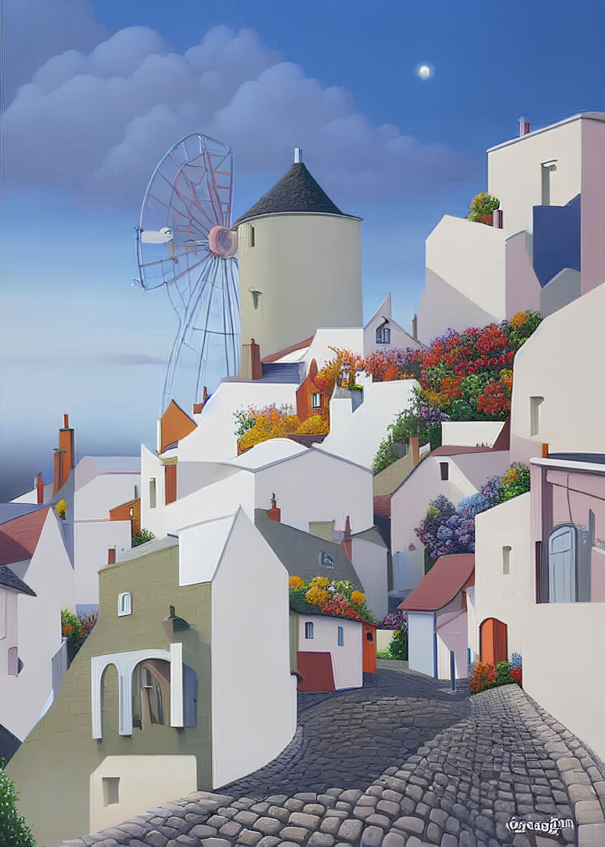 Quaint village painting with white houses, windmill, flowers, and crescent moon