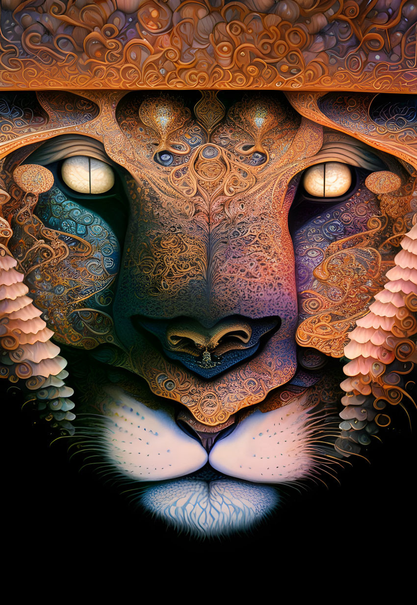 Intricate lion face artwork with warm tones and surreal patterns