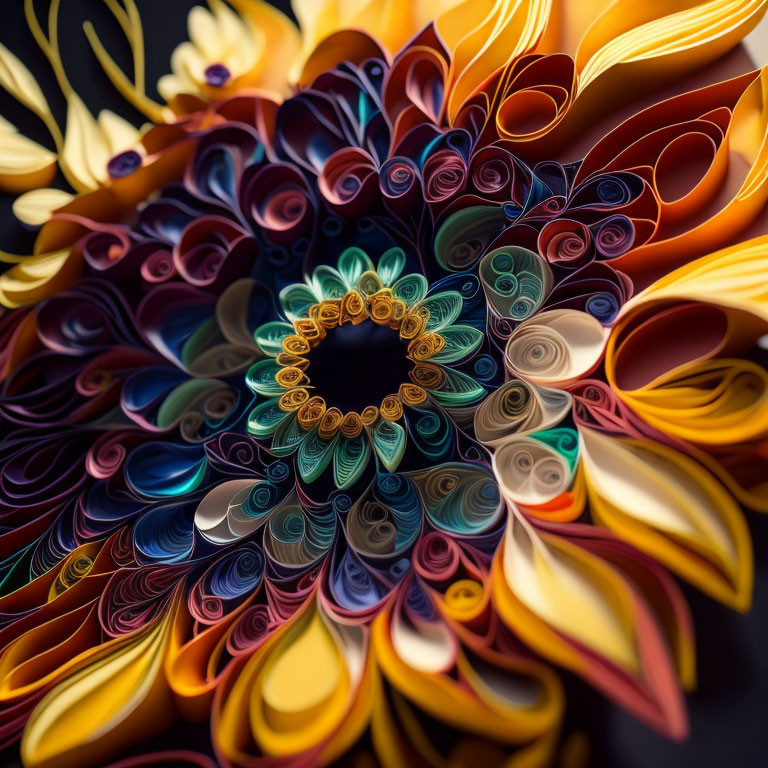 Vibrant quilled paper art of intricate floral pattern on dark background